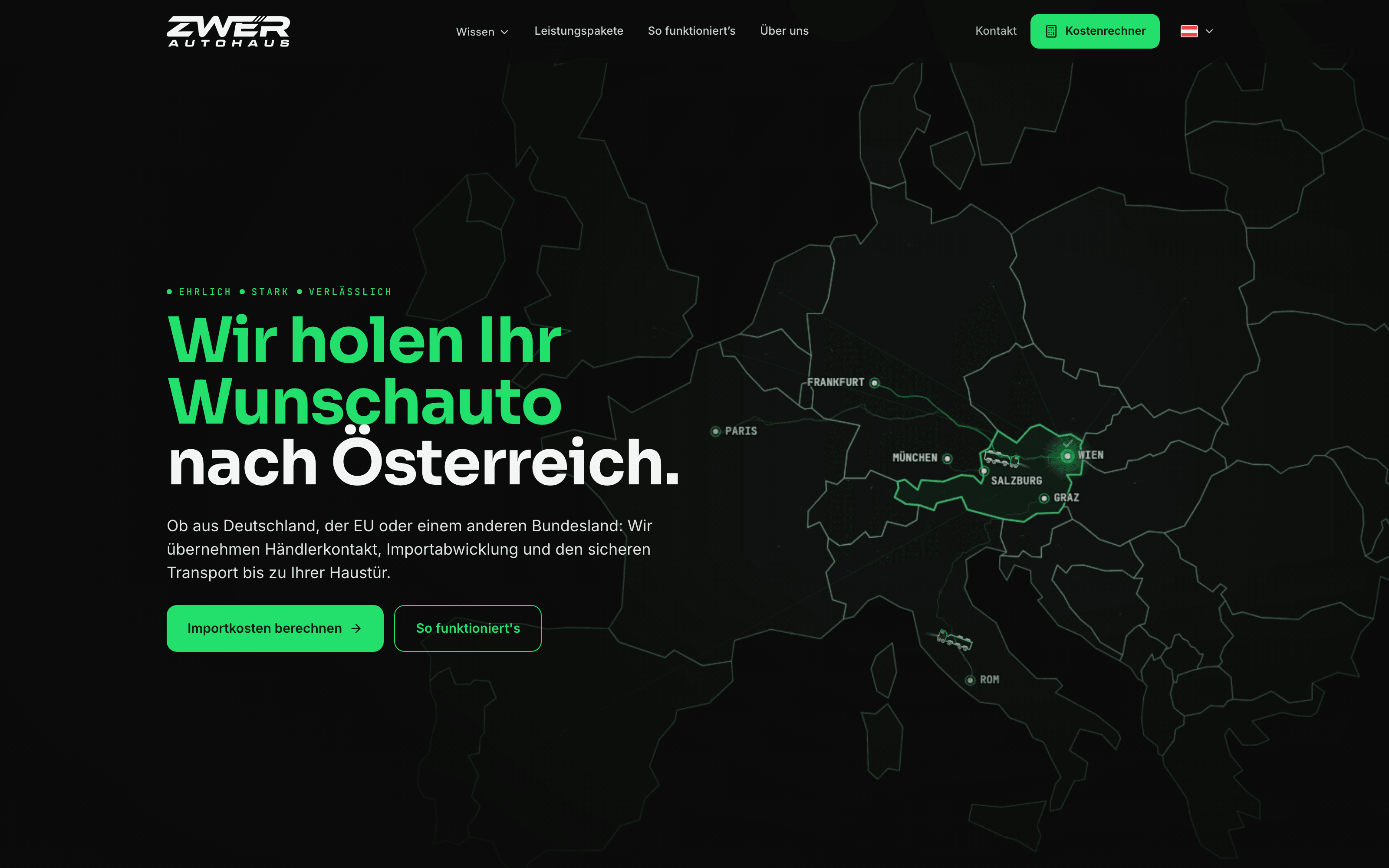 Screenshot Autohaus Zwer – Website mit Kostenrechner für EU-Fahrzeugimport