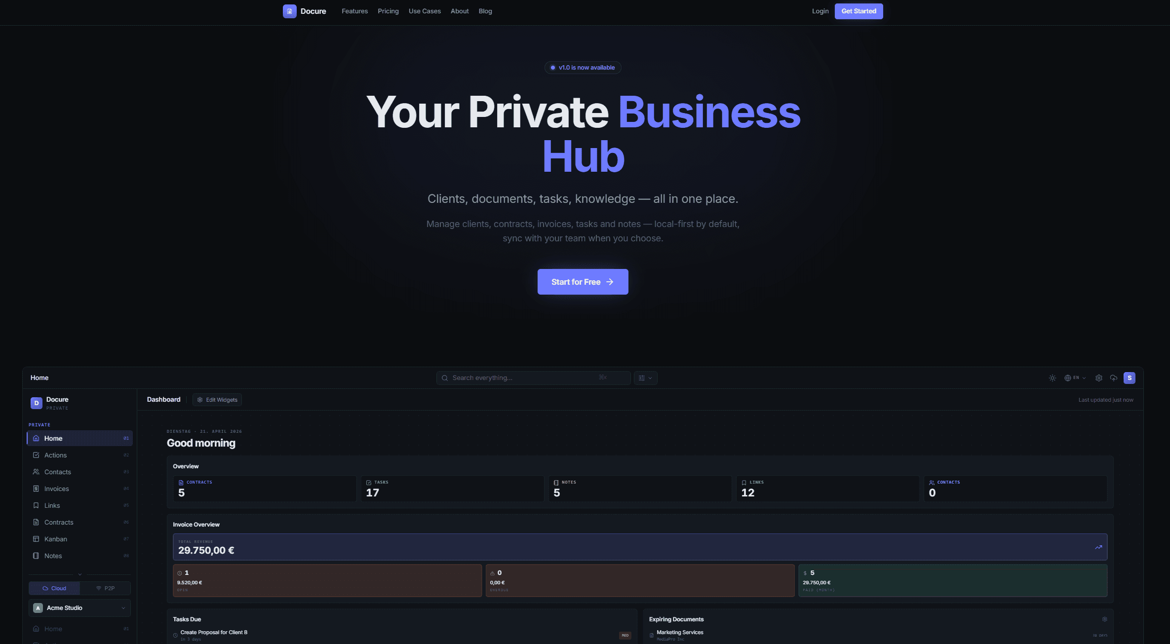 Screenshot Docure — Local-First Business Hub für Freelancer mit CRM, Rechnungen und verschlüsselter Cloud-Sync